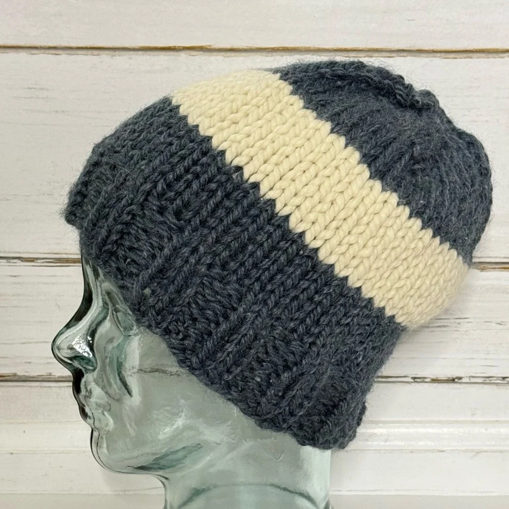 Handmade Knit Beanie – Blue & Cream Stripe